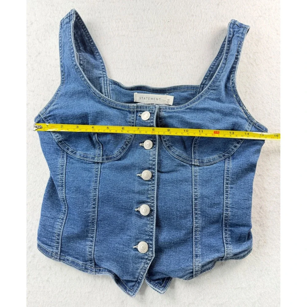 Statement Denim Button Front Corset Bustier Crop Top Medium Wash Medium